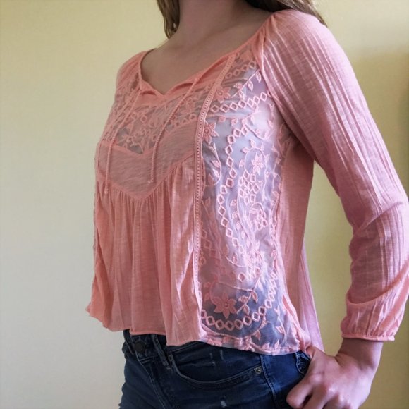 American Eagle Peach Semi-Sheer Lace Boho Top - Picture 8 of 8